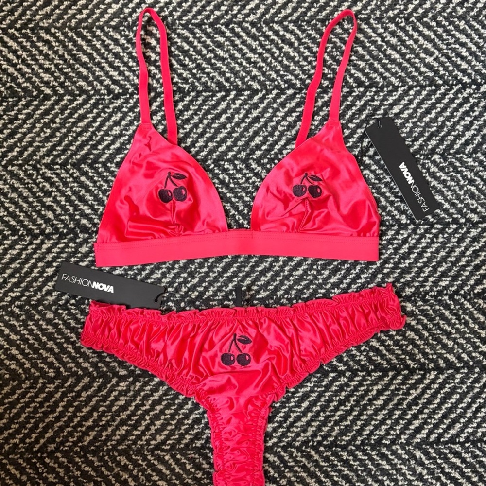 NWT Fashion Nova Cherry Triangle Bra & Panty Set